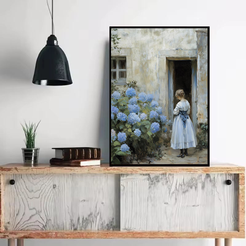 프랑스 주방 여자 빵 굽는 파란색 수국 국가 풍경 빈티 - Kitchen Baking Wall Art 리뷰 및 가격